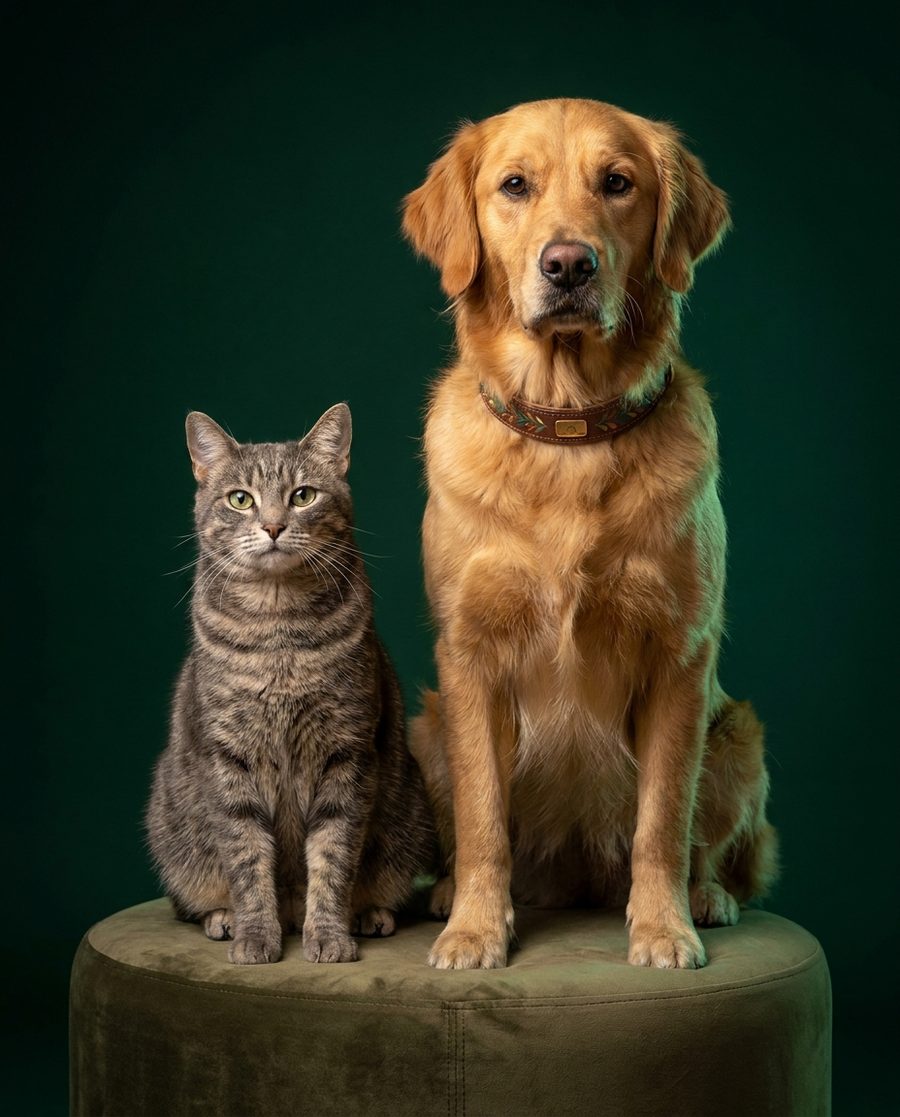 Un perro y un gato sobre fondo verde oscuro